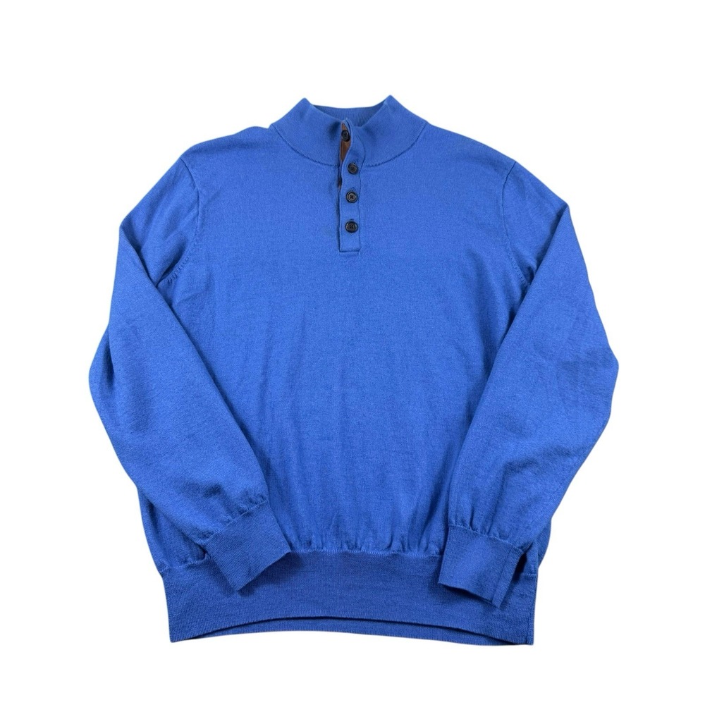 Polo Ralph Lauren Blue Pure Merino Wool Suede Trim Henley Collar Pullover Size L